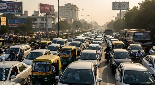 Dense morning traffic jam with cars, auto-rickshaws, and buses on a wide city road in India, highlighting urban congestion and daily commute.