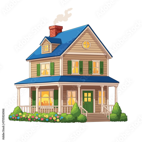 Charming twostory cartoon house with a blue roof front porch and smoking chimney.