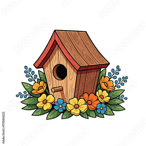 Charming wooden birdhouse illustration nestled among colorful spring flowers and leaves.