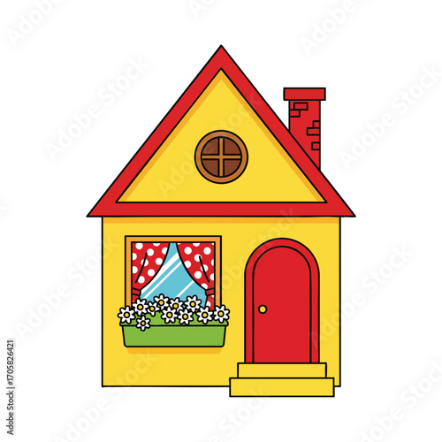 Charming yellow cartoon cottage with a red roof door and flower box.