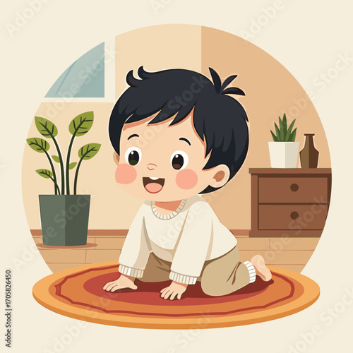 Happy young boy crawling on a rug in a cozy home interior  