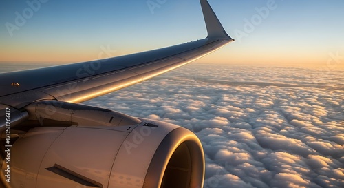 Aerial view of airplane wing and engine illuminated by golden light, flying above a sea of clouds during sunrise or sunset