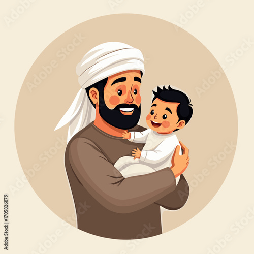 Happy Middle Eastern man holding smiling baby in traditional attire  