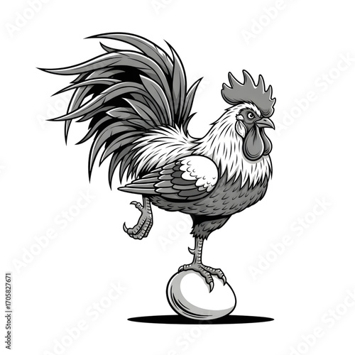 Stylized rooster balancing on large egg, manga bold outlines, sharp detailed eyes, grayscale shading minimalist illustration