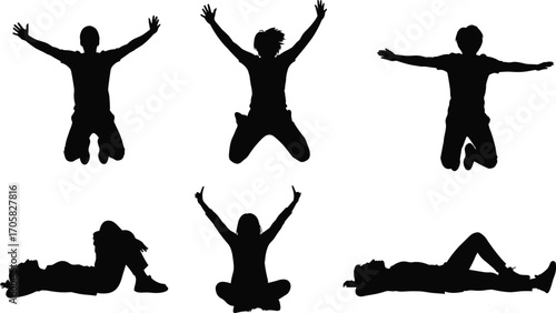 Jump, Sit, Lie, Silhouette, Pose, People, Vector, Minimalist, Black, Line, Art, Motion, Relax, Joy, Freedom, Expression, Dynamic, Seated, Reclining, Set