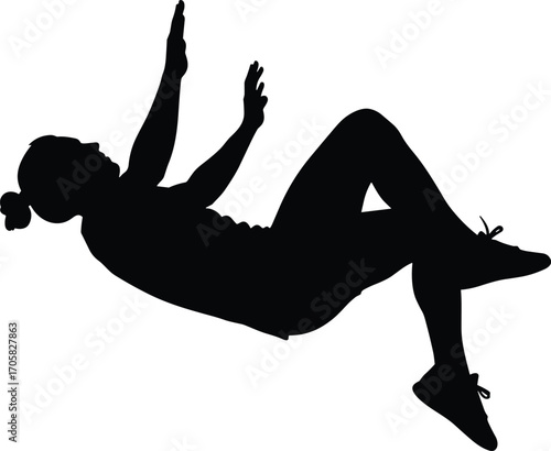 Jumping silhouette, falling motion, athletic figure, dynamic pose, airborne dancer, black vector, minimal design, expressive movement, commercial illustration, action art