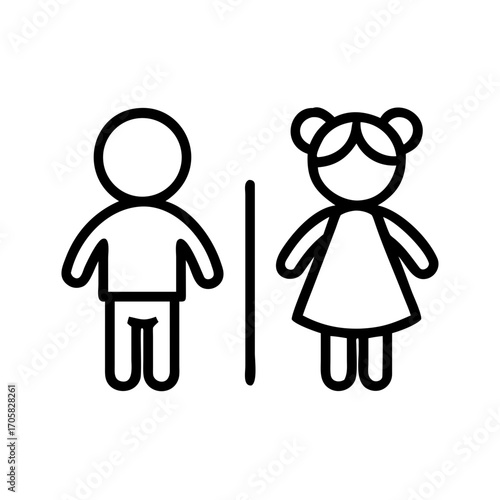 Minimalist black outline vector icon of a child restroom sign with boy and girl figures. Isolated on a transparent background