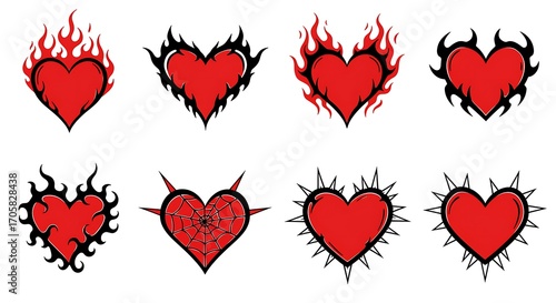 Collection of fiery and spiky red heart illustrations