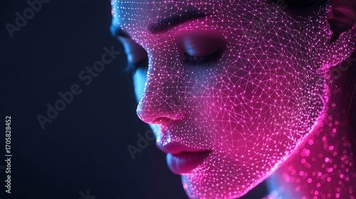 sci-fi digital art rendering of woman's face with a glowing neon,futuristic neural network or wireframe pattern for articles about technology, AI,neuroscienc,or futurism