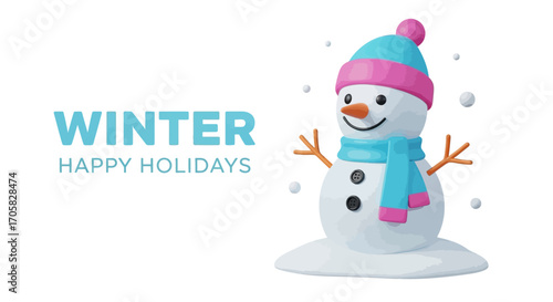 Cheerful snowman wearing a hat and scarf, wishing happy holidays in winter.