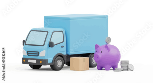 Blue delivery truck with piggy bank and coins, symbolizing savings for logistics