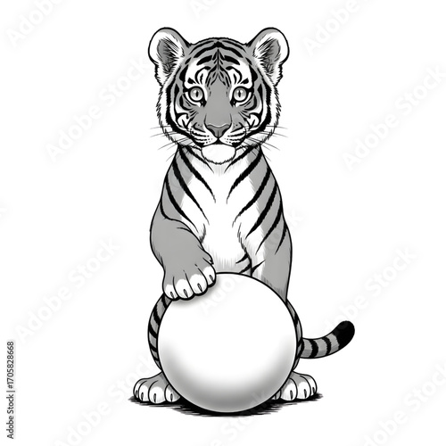 Slim tiger cub upright with paw on ball, manga bold clean lines, wide expressive eyes, grayscale shading