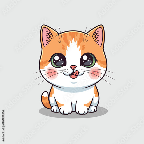 Cute cartoon ginger and white kitten sitting with big sparkly eyes and licking its lips.