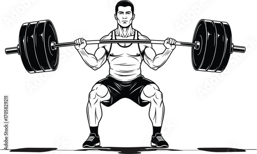 Squat, Barbell, Silhouette, Strength, Fitness, Training, Workout, Weightlifting, Power, Pose, Vector, Black, Minimalist, Line, Art, Muscle, Gym, Exercise, Athlete, Lift
