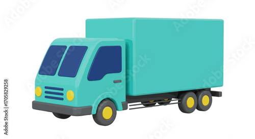 Bright teal box truck ready for delivery on a clean white background