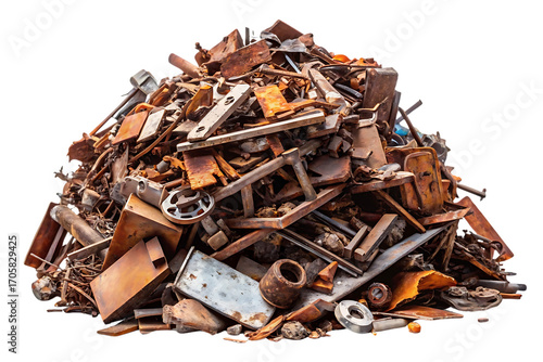 Large pile of rusty metal scrap including tools, pipes, machinery parts, and oxidized steel pieces, isolated on a transparent background