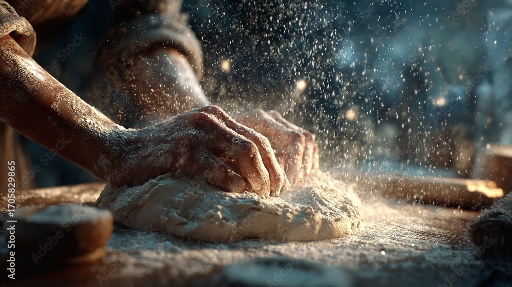 Fototapeta premium Kneading Dough: Artisan Baker's Hands & Flour Explosion
