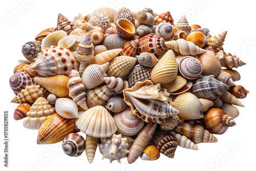 Assortment of colorful seashells including conch, scallop, and spiral shells gathered in pile, isolated on a transparent background