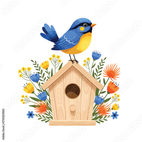 Illustrated bluebird perched on a wooden birdhouse with a vibrant floral arrangement.