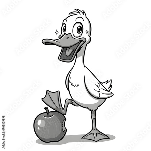 Slender cartoon duck stands with foot on smooth apple, bold anime outlines, grayscale shading, minimalist white background