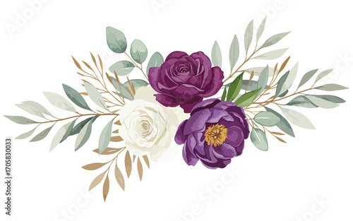 Elegant Floral Bouquet Purple and White Flowers Watercolor