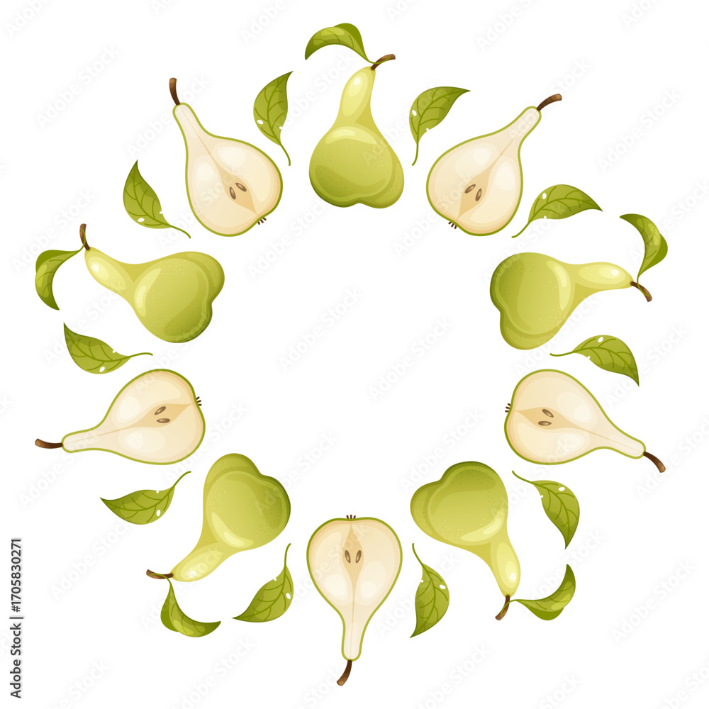Obraz premium Pear frame. Round frame made of seasonal fruits. Wreath with whole and half pears. Concept of autumn, harvest, Vector on a white background.