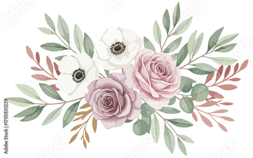 Elegant Watercolor Roses Anemones Floral Arrangement