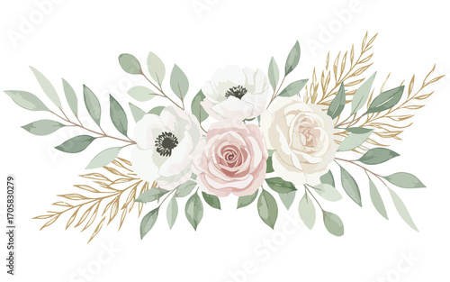 Elegant Watercolor Floral Arrangement with Roses Anemones and Leaves