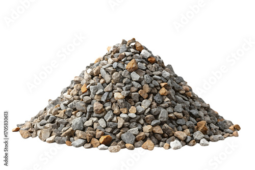 Large mound of gray and brown crushed stone gravel aggregate construction material pile, isolated on a transparent background