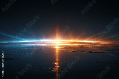 Fototapeta Naklejka Na Ścianę i Meble -  Celestial Illumination: A mesmerizing horizon where earth meets sky in a vibrant display of light and color.
