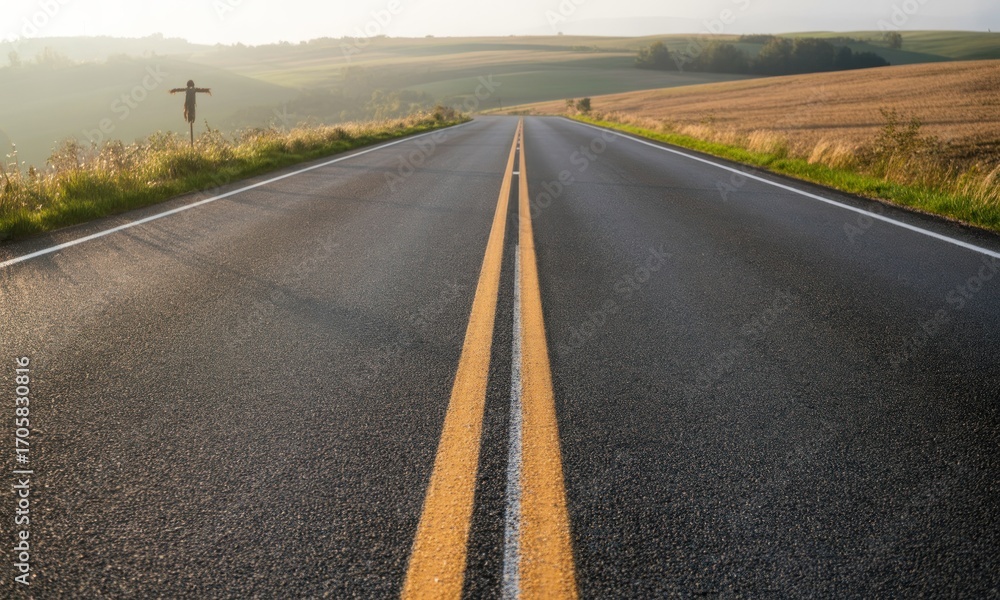 Obraz premium Empty country road stretches to horizon under sunlight