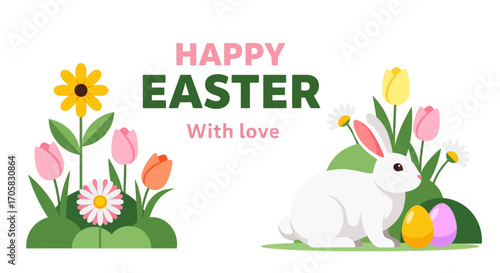 Joyful Easter celebration with a cute bunny, colorful eggs, and blooming flowers