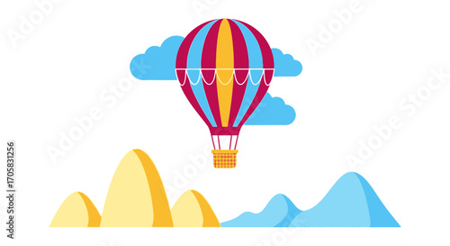 Vibrant hot air balloon floats serenely above abstract mountains and clouds on a clear day.