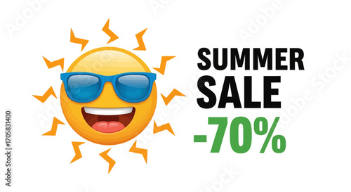 Happy sun emoji wearing sunglasses announces a 70% summer sale