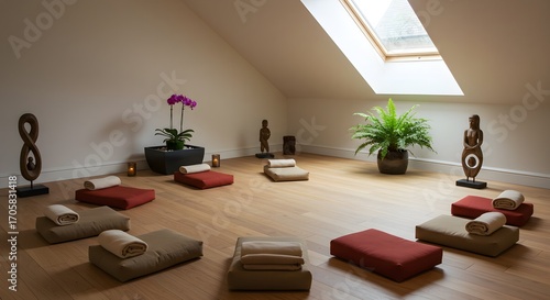 A serene sanctuary concept for group meditation and mindfulness, with cushions arranged in a circle in a sunlit loft space