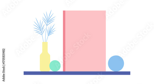 Minimalist shelf decor with vase, plant, and spheres