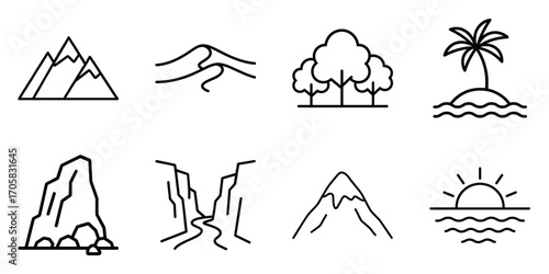 Minimalist line icons of mountains, rivers, trees, palm island, cliffs, canyon, volcano, and sunset. nature landscape vector