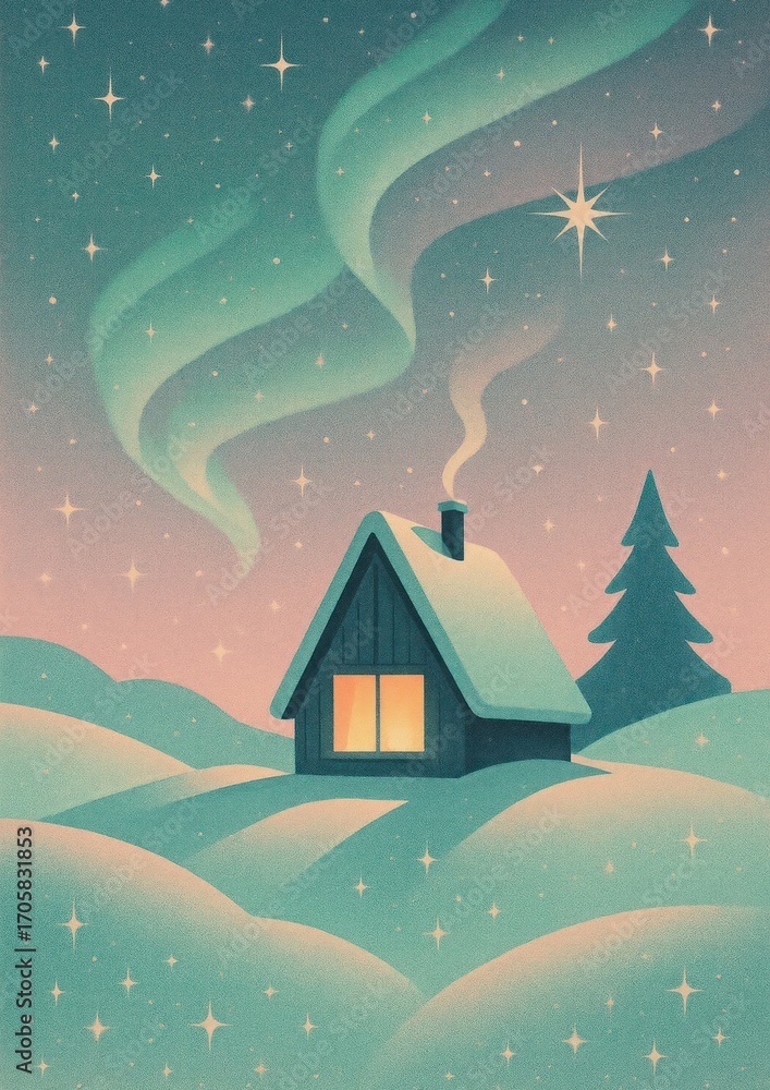 Fototapeta premium Cozy cabin under starry sky.
