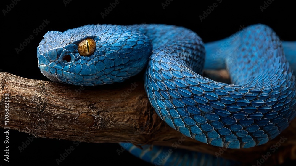 Fototapeta premium Blue snake elegantly coiled on a branch, highlighting its detailed scales and striking yellow eyes, creating a mesmerizing natural scene