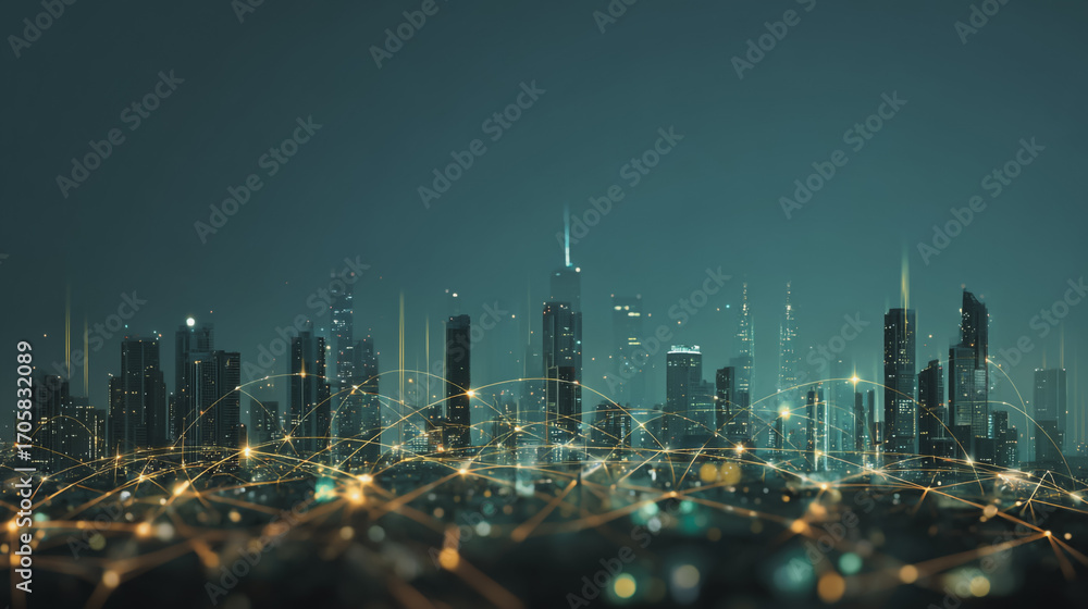 Fototapeta premium Twilight in the Smart digital Innovation city with connection network reciprocity over the cityscape. of future smart wireless digital city and social media networking systems that connects people