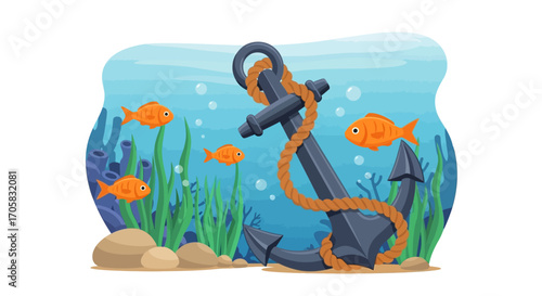 Nautical anchor rests on sandy seabed surrounded by colorful coral and swimming goldfish