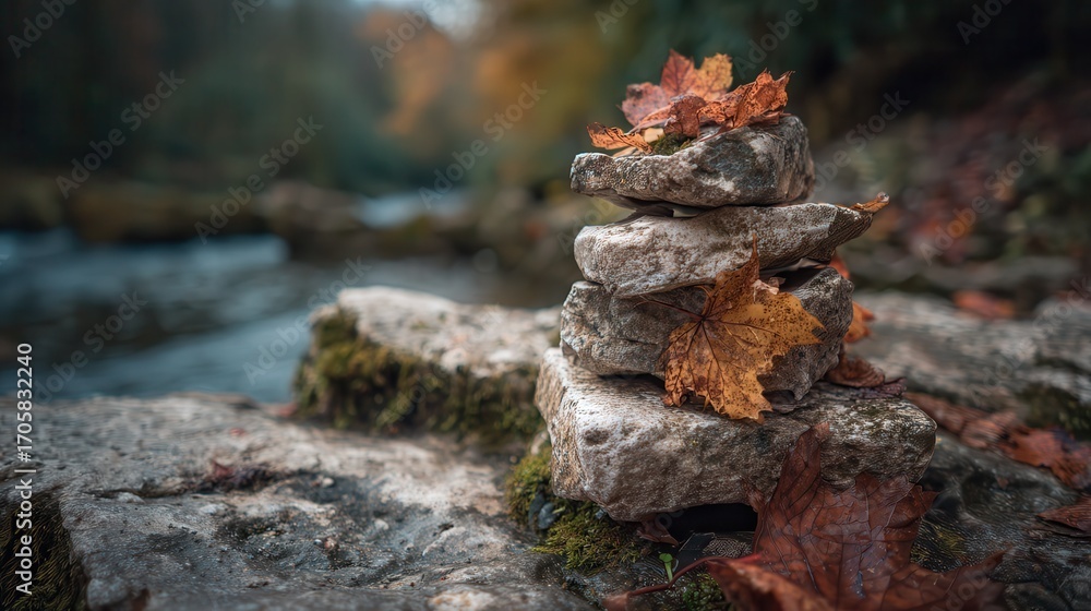 Fototapeta premium Stacked stones with leaves (1).
