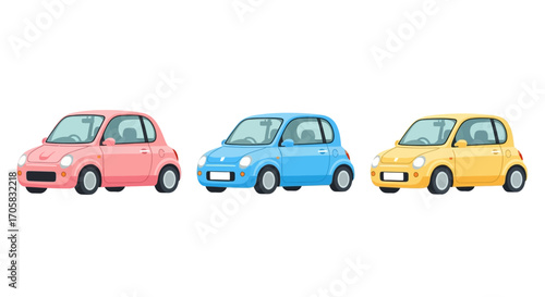 Three colorful compact cars parked side by side, representing different choices and options.
