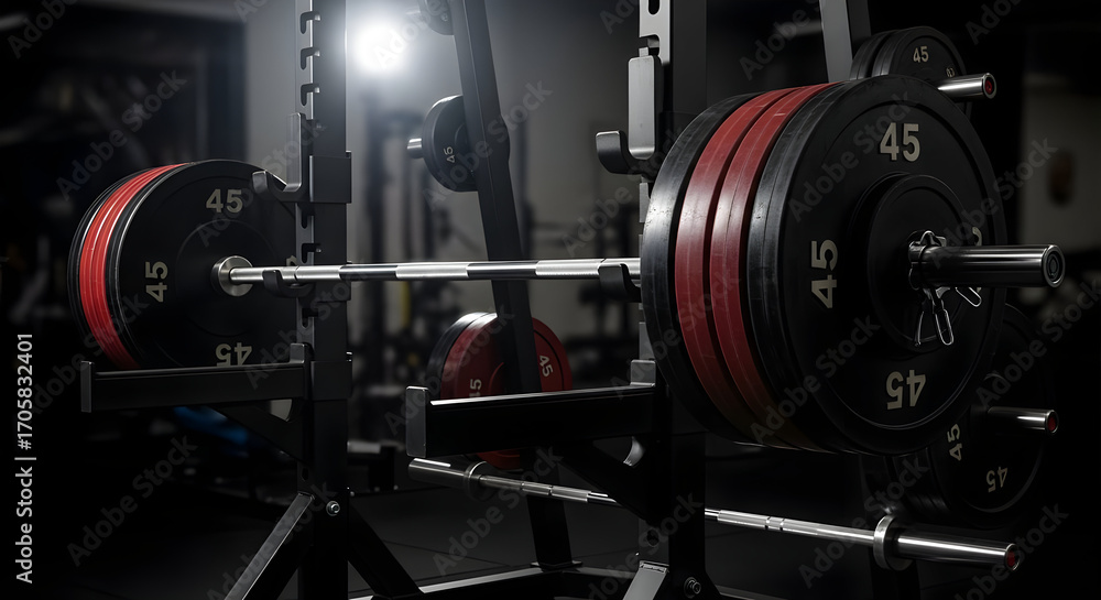 Fototapeta premium Weightlifting Barbell with Black and Red Plates in Dark Gym Setting