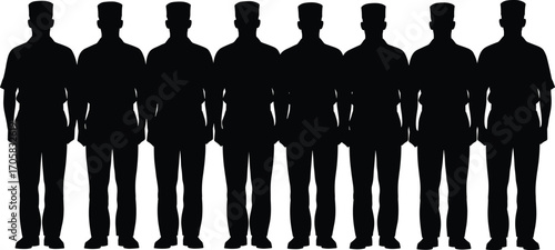 Silhouette of nine uniformed soldiers standing side by side, military team, discipline, strength, unity, solidarity, readiness, protection, teamwork, army, security, support