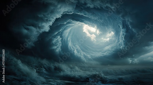 Stormy vortex over turbulent ocean.