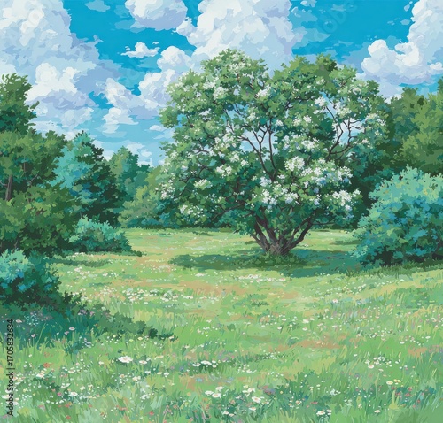 A sunny meadow with a large flowering tree under a blue sky filled with fluffy white clouds, surrounded by verdant forests and vegetation