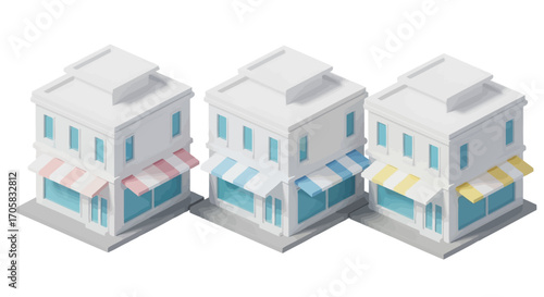 Charming row of isometric shops with colorful awnings on a bright white background.