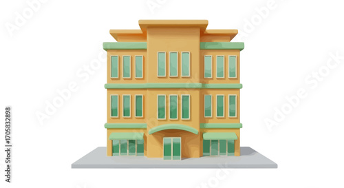 Charming cartoon building with green accents and awnings on a bright day
