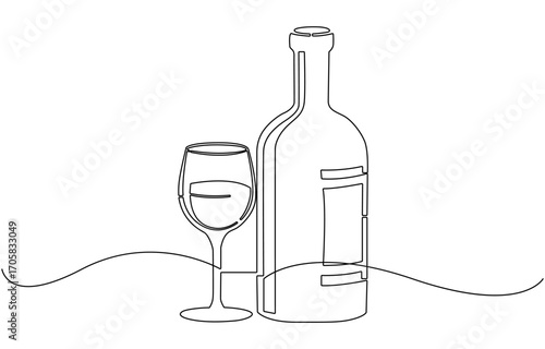 Continuous one line drawing of Wine bottle and wine glass.